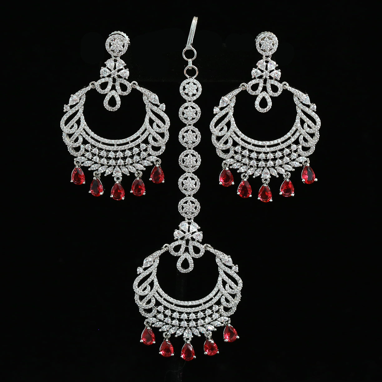 Three Layered 92.5 Sterling Silver Earrings Chandbali Pink Fuchsia  Intricate Floral Design